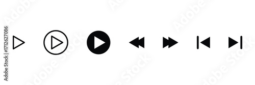 Multimedia play pause rewind forward stop skip button collection outline solid minimal navigation abstract control symbol icon vector illustration.