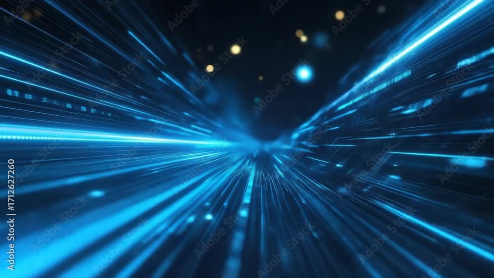 Abstract digital tunnel of vibrant blue light streaks, conveying rapid movement and technological advancement.