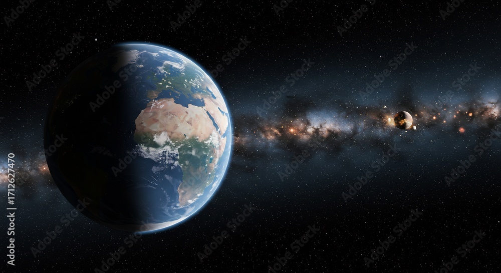 Fototapeta premium 輝く地球 深宇宙背景 壮大な銀河 神秘的夜空. AI Generated