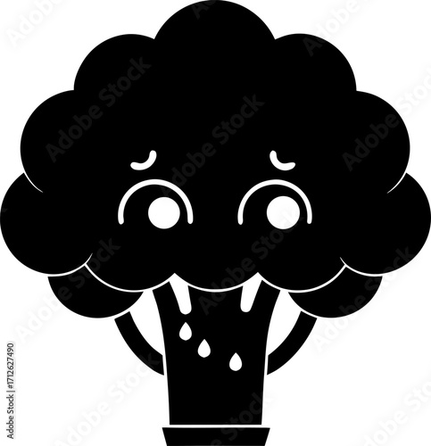 Broccoli crying softly with droopy eyes silhouette black icon