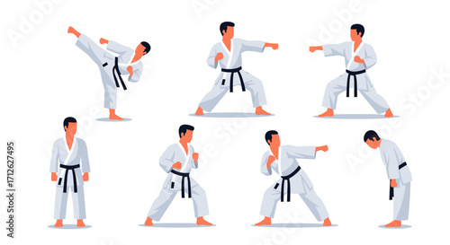 Karate Fighter Set in White Gi, Diverse Poses and Techniques