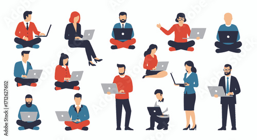 Diverse People Using Laptops in Various Poses on White Background