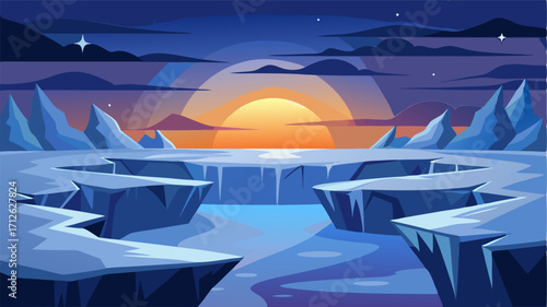 A frozen ocean its surface riddled with deep cracks and crevices glistening under the ethereal glow of the midnight sun.