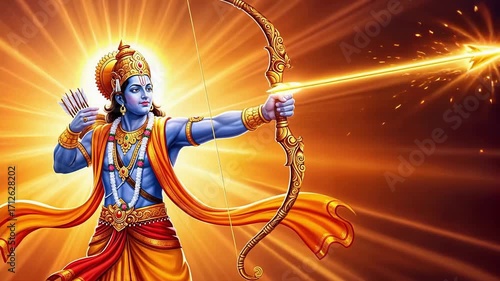 Indian Lord Rama with Bow  Pulling and Launching Flying Golden Arrow 