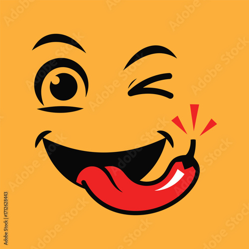 Funny winking emoji face tongue out holding spicy red chili pepper yellow background