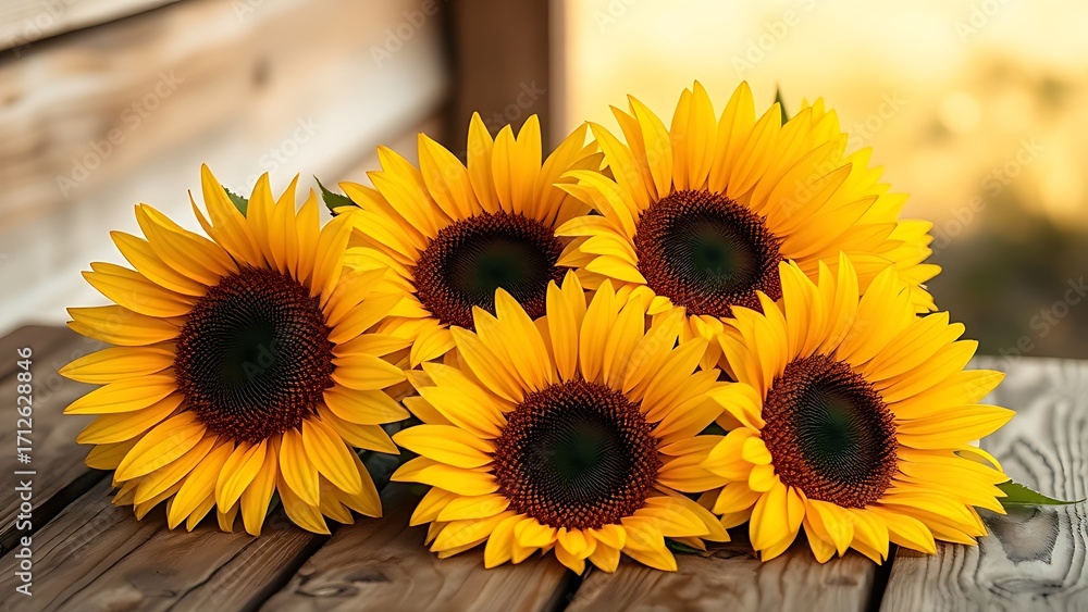 Fototapeta premium Sunflowers resting on weathered wood, bathed in warm golden sunlight with a softly blurred background.
