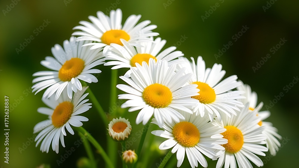 Fototapeta premium Fresh daisies in a simple bouquet, bathed in natural daylight with a soft green backdrop.