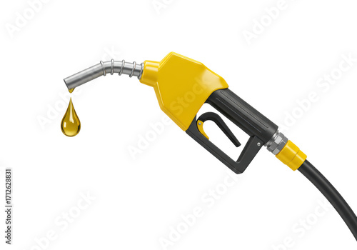 Isolated fuel dispenser nozzle, petrol flowing into drop for gas station refueling car tank