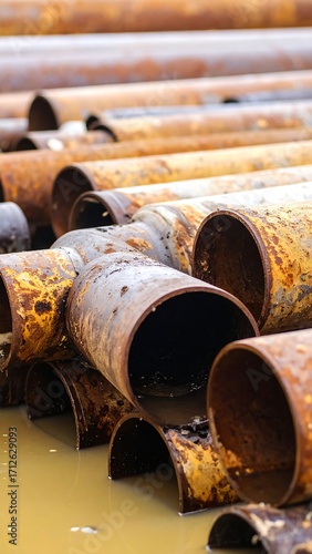 Rusty pipes stacked in a puddle