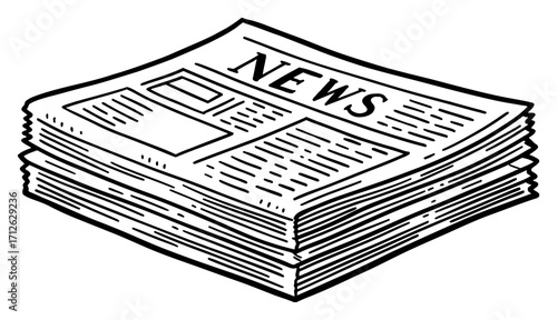 Stack of Newspaper with News Text Black and White Outline Line Art Drawing Isolated Object for Media