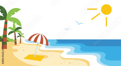 Tropical Beach Cartoon Scene with Palm Trees Umbrella and Sun