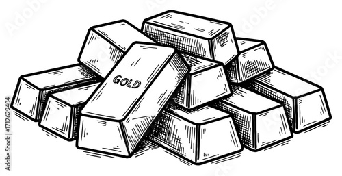 A Pile of Blank Gold Bars in Simple Style Black and White Outline Line Art Drawing