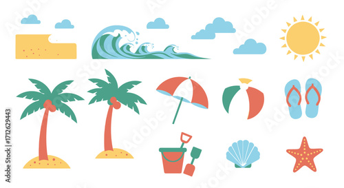 Bright Beach Themed Summer Vacation Elements Set