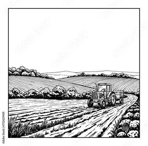 Rural Farmland Landscape with Tractor and Trailer on Dirt Road Black and White Outline Line Art Drawing for Coloring Book Style