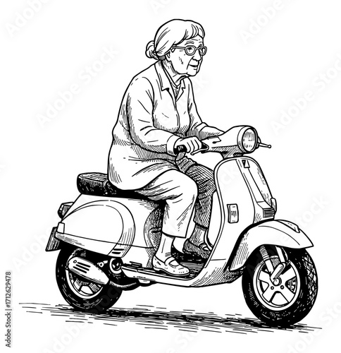 Grandma Riding Classic Vespa Scooter Black and White Outline Line Art Drawing Elderly Woman Side View