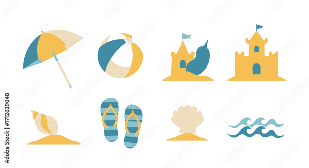 Fototapeta premium Summer fun at the beach vector illustration beach umbrella ball castle flip flops