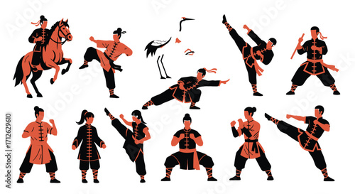 Silhouette vector set of kung fu or martial arts fighters in action poses