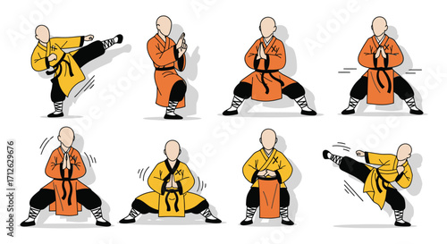 Shaolin Monk Martial Arts Poses Set Kung Fu Training Illustration