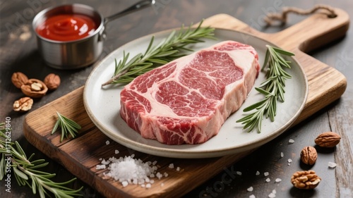 Raw ribeye steak on a plate with rosemary, salt, pecans, and sauce on a wooden cutting board