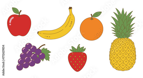 Vibrant Fruits Illustration with Apple Banana Orange and Pineapple