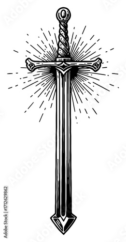 Detailed Long Excalibur Sword with Sun Ray Shining Effect Black and White Outline Line Art Drawing