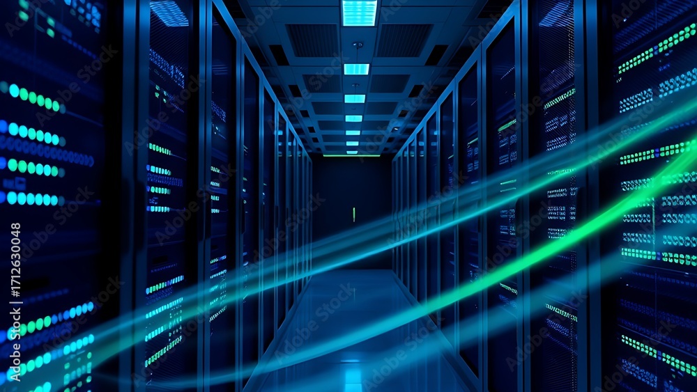 Fototapeta premium Server room with abstract LED light patterns in blue and green.