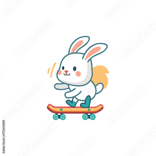 Cute cartoon white bunny rabbit riding a skateboard with motion blur