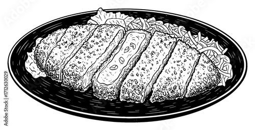 Chicken Katsu with Shredded Cabbage on a Plate Black and White Outline Line Art Drawing Delicious Meal