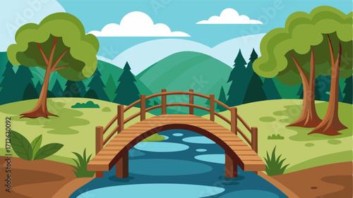 A lone wooden bridge crosses over the gentle stream connecting the two sides of the peaceful forest.