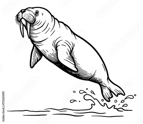 Cute Walrus Jumping From Water Black and White Outline Line Art Drawing in Cartoon Style