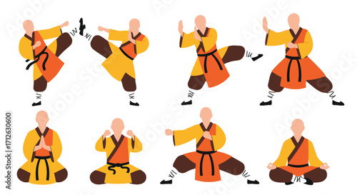 Shaolin Monk Poses Kung Fu Training Meditation Set Vector Graphic