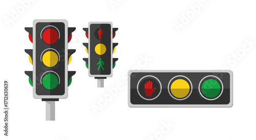 Set of Flat Traffic Light Icons with Pedestrian Crossing and Signal Control Panel