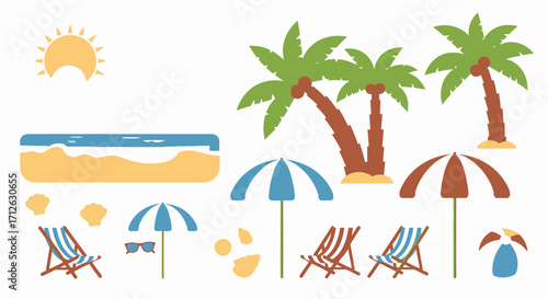 Colorful Beach Paradise Vector Illustration with Palm Trees and Summer Elements