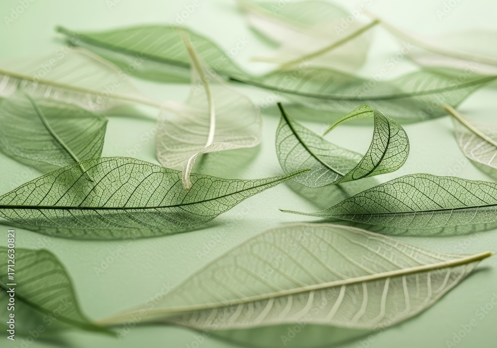Obraz premium Skeletonized Leaves Pile CloseUp on Pale Green Backdrop with Visible Veins Texture