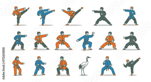 Collection of Martial Arts Characters in Various Poses with Crane