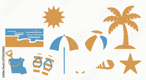 Stylized beach set in blue and tan for summer vacation fun