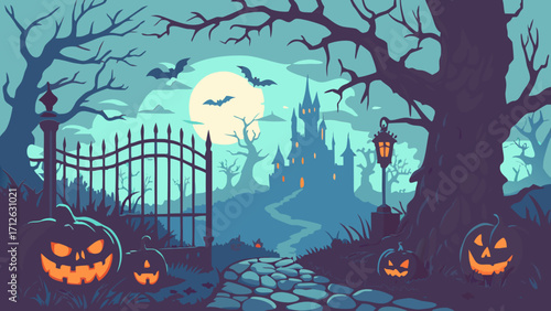 Haunted Halloween Night Background with Pumpkins and Spooky Castle