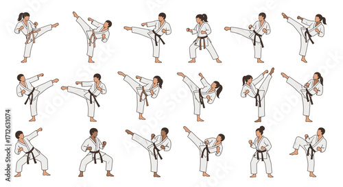 Diverse Martial Artists Kicking in Uniforms on White Background