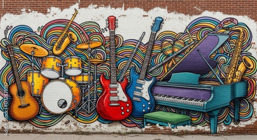 Vibrant Musical Mural: A Symphony of Colors and Instruments