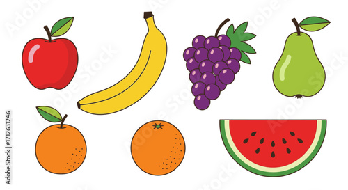 Colorful Fruit Illustration Apple Banana Grapes Pear Orange Watermelon Drawing