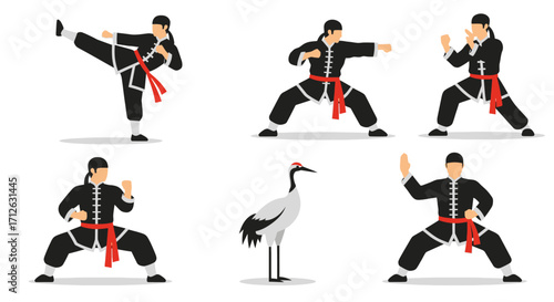 Chinese Martial Arts Kung Fu Training Flat Vector Illustration set