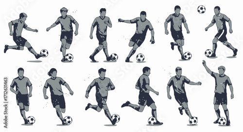 Silhouetted soccer players kicking a ball, team sport illustration