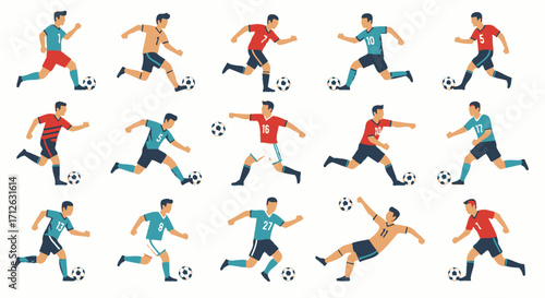 Dynamic Football Players Vector Set Running and Dribbling Soccer Balls