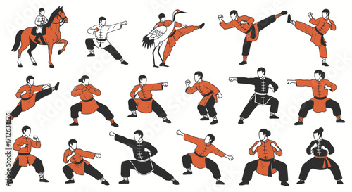 Diverse Martial Arts Poses Illustration with Horse Rider and Exotic Bird
