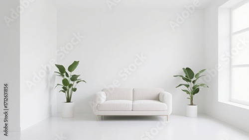 Minimalist white living room with sofa and potted plants near a window