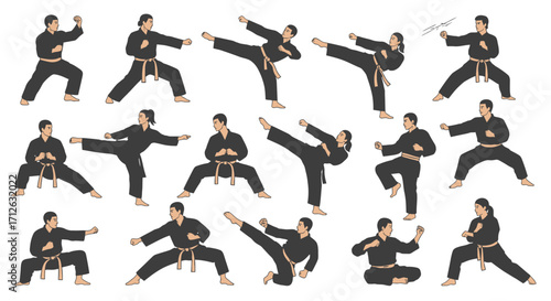 Martial arts isolated karate poses on white background fighting stances