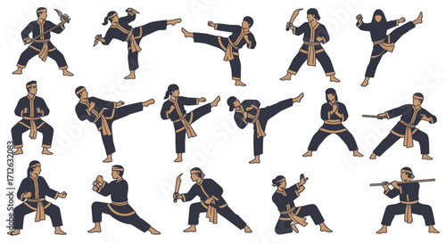 Silat Martial Arts Poses Black Uniforms Action Fighting Defense