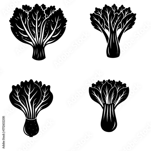 Four stylized black and white bok choy illustrations in a symmetrical arrangement on a white background