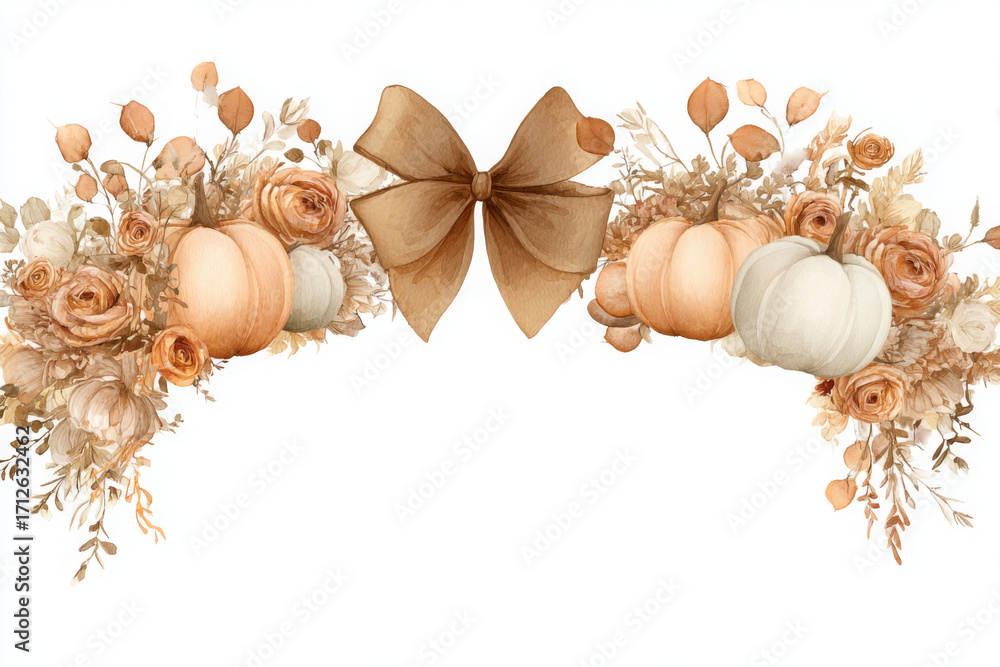 Naklejka premium Watercolor beautiful, elegant light brown autumn floral garland with ribbon, bow, and pumpkins. Frame border clipart on a white background, in pastel watercolor.