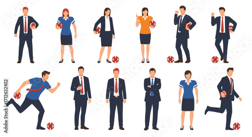 Diverse Business Professionals playing football isolated on white background